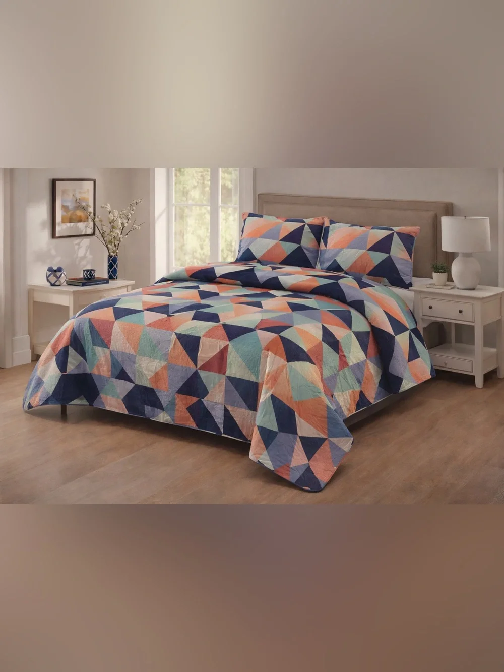 Geometric Multi-Color Queen 3 piece Quilt Set -
